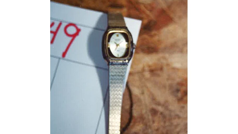 A watch located with the body of a Latino woman found in the New River in Calexico on July 29, 2001. Photo from Jane Doe Case #01-149.